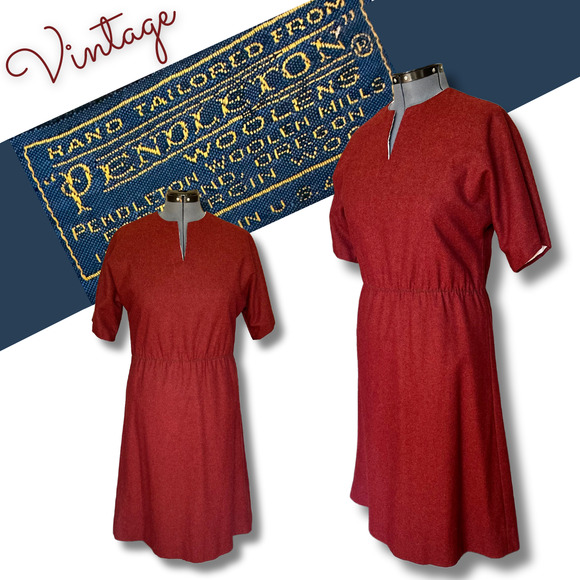 Vintage 50s 60s Pendleton Midi Dress Burgundy Wool Midcentury Rockabilly Modest - Picture 1 of 13